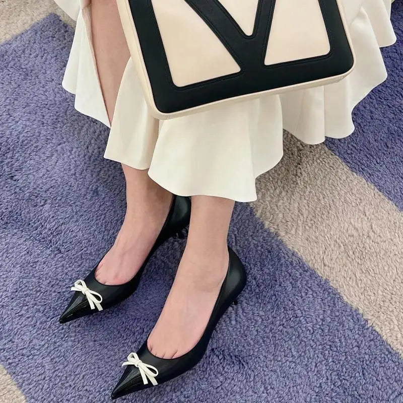 Butterfly Knot Color Blocked Shoes for Women Pointed Shallow Mouth Slim Heel High Heels