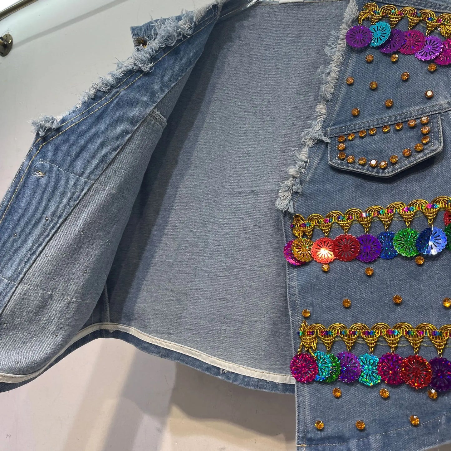 Sequined Denim Rhinestones Jeans Sleeveless Cowboy Vest + Jeans Pants