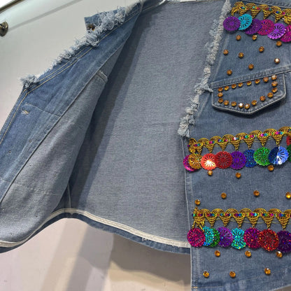 Sequined Denim Rhinestones Jeans Sleeveless Cowboy Vest + Jeans Pants