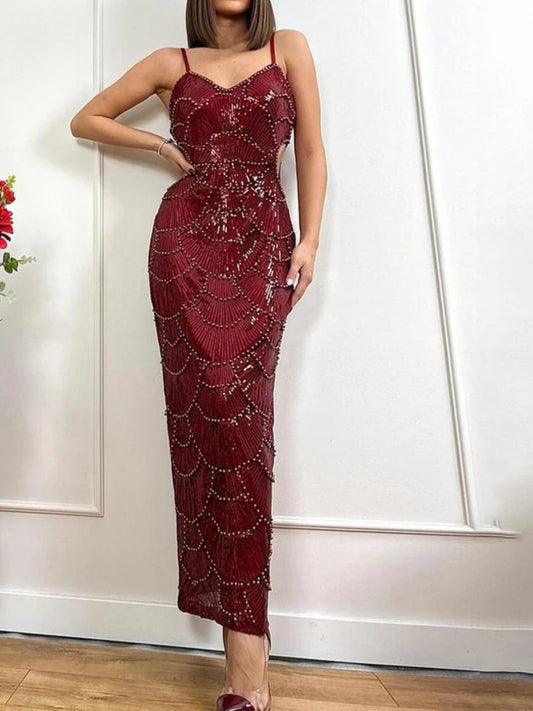 Women's Sequins Beaded Cut-Out Long Evening Dress Sexy Pearls Sequin Corset Dress