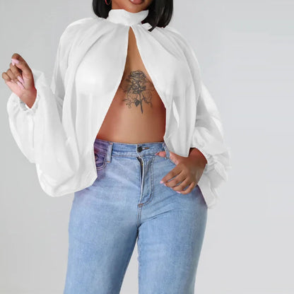 Womens Chiffon Blouse Sexy See Through Lantern Sleeve Front Back Open High Neck Blouses Tops