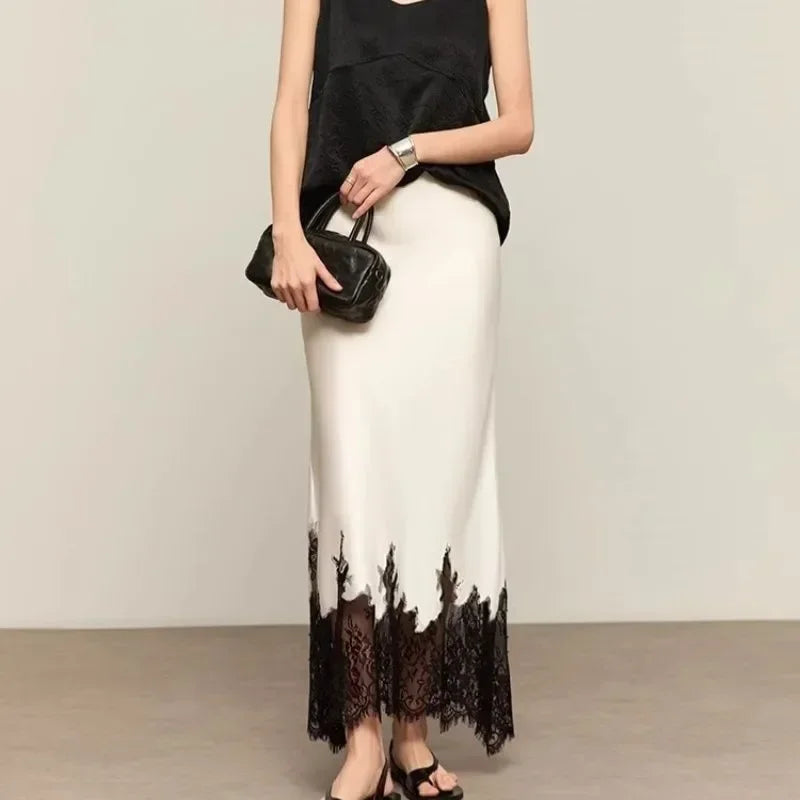 Fairy Lace-Trim Satin Midi Skirt High Waist Elegant Wrapped Hip Long Skirts