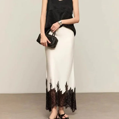 Fairy Lace-Trim Satin Midi Skirt High Waist Elegant Wrapped Hip Long Skirts