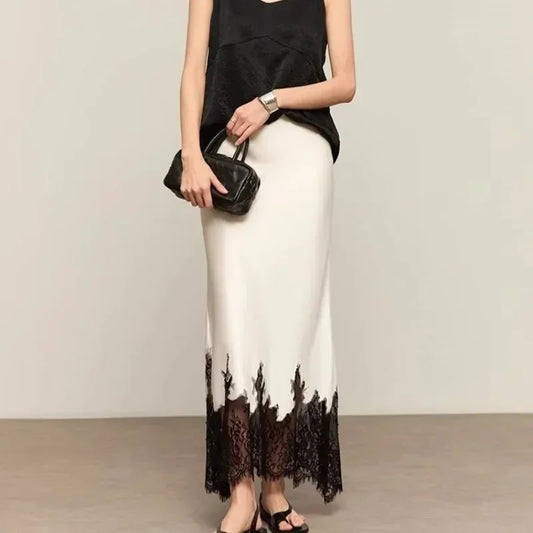 Lace Trim Satin Skirt High Waist Elegant Wrapped Hip Long Midi Skirts