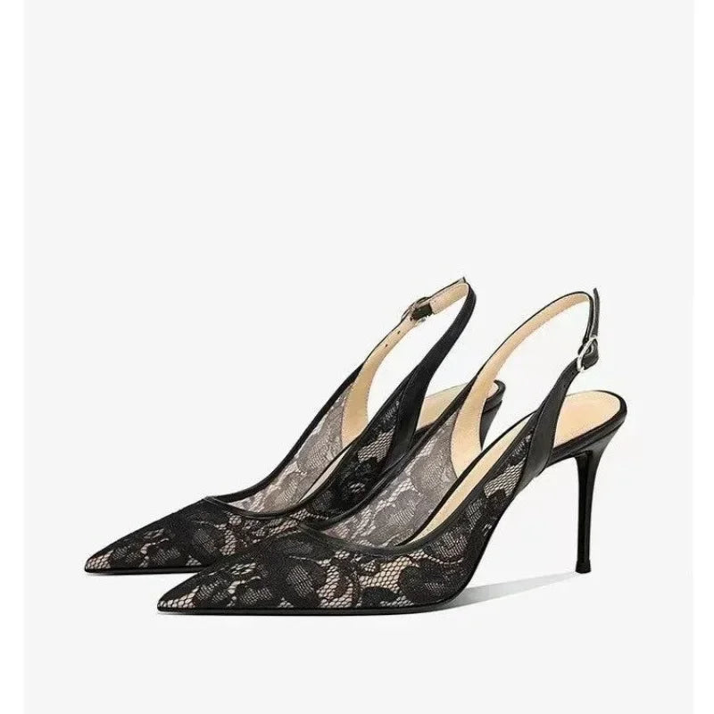 Sling Back Lace High Heels  Pointed Toe Buckle Strap Sling back Sandal