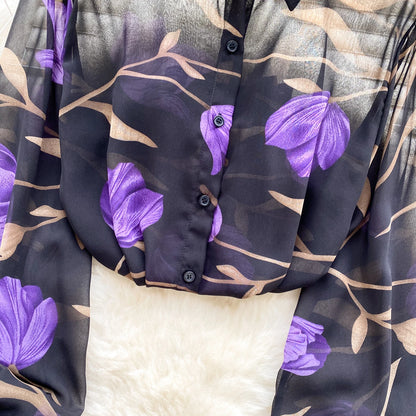 Floral Print Women Shirt Summer Lantern Sleeve Retro French Loose Blouse