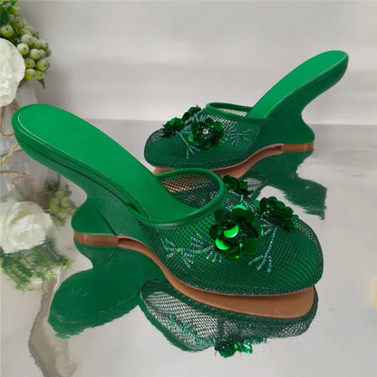 Women Summer Wedges Mesh Shoes Flower Round Toe Slip-On Hollow High Heeled sandals
