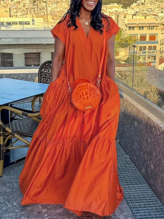 Women's Cotton-Blended Solid Color Dress V-neck Short Sleeves Split-joint Loose A-line Dress Floor Length Party Dresses