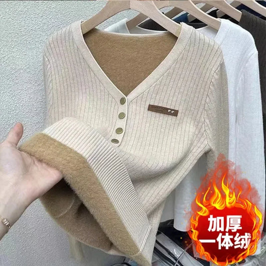 Thick Velvet V-neck Sweater Women Korean Fashion Lined Warm Knitted Pullover