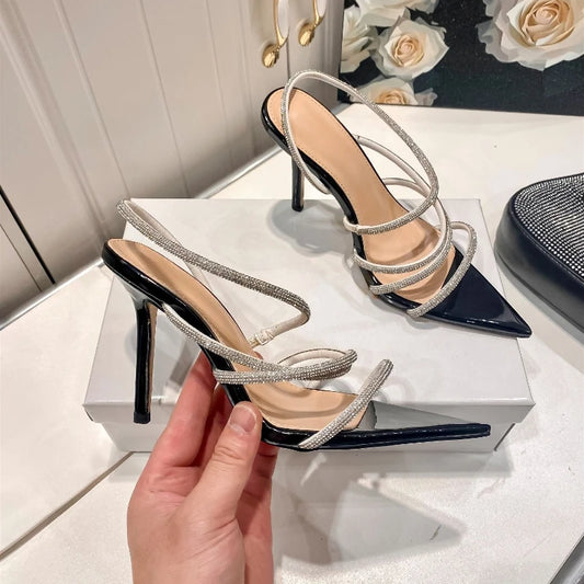 Women's Roman Sandals New Pointed Fine Heel Sexy Banquet Diamond Wrapped Strap High Heel Sandals