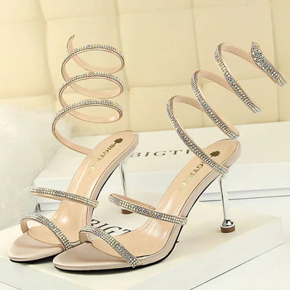 Women Luxury Party 8.5cm High Heels Summer Sexy Nightclub Sandals Female Red Green Ankle Strappy Roman Gladiator Crystal Sandles