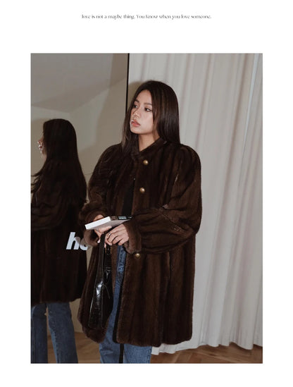 Brown Thick Warm Soft Faux Mink Fur Coat Women Puff Sleeve Stand Collar Fluffy Jacket