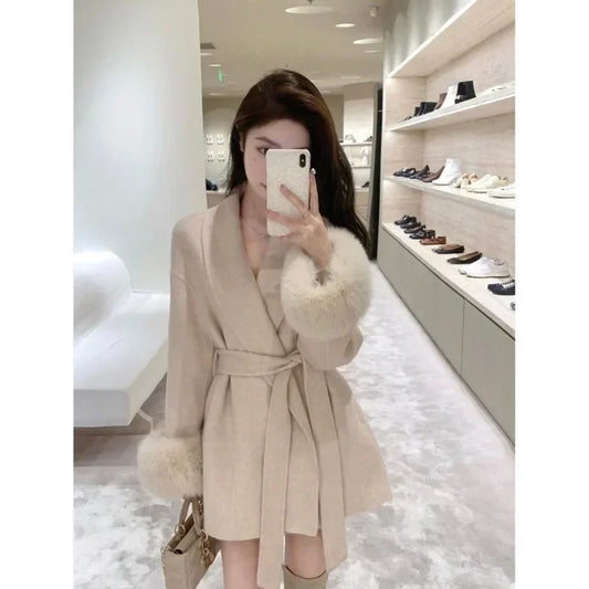 Women Versatile Tweed Cape Coat Belted fox fur Blends Coat for Women