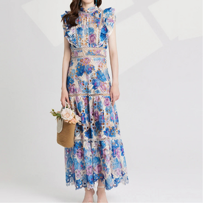Flower Embroidery Maxi Wedding Guest Dress Women Flare Ruffles Sleeve Neck Colorful Long Robe