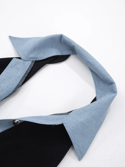 Denim Patchwork Rompers Polo-Neck Backless Sleeveless Vacation Playsuits