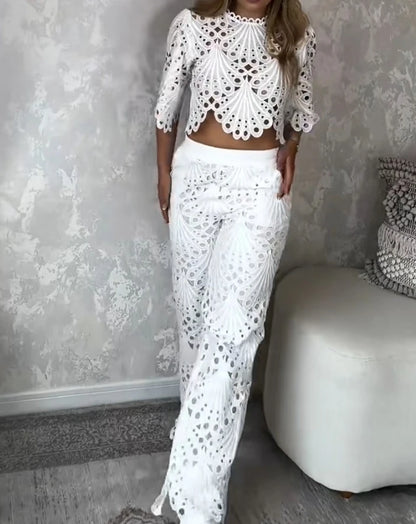 2 Pieces Outfit Lace Hollow Out Bell Sleeve Crop Top and Casual Slim Fit Straight Leg Pants Set