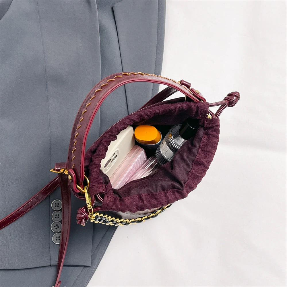 Retro Bucket Crossbody Bags For Women Oil-waxed Leather 2-IN-1 Chain Shoulder Bag