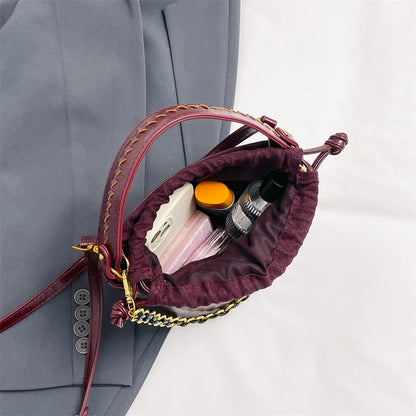 Retro Bucket Crossbody Bags For Women Oil-waxed Leather 2-IN-1 Chain Shoulder Bag