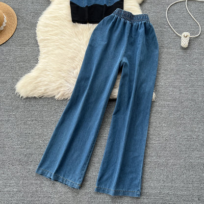Women Denim pant sets Design Matching Color Short-sleeved T-shirt Tops + High-waisted Casual Pants