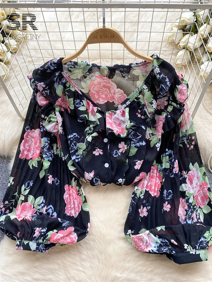 Floral Print Loose Shirt Women Lantern Sleeve V Neck Thin Causal Ruffle Blouse