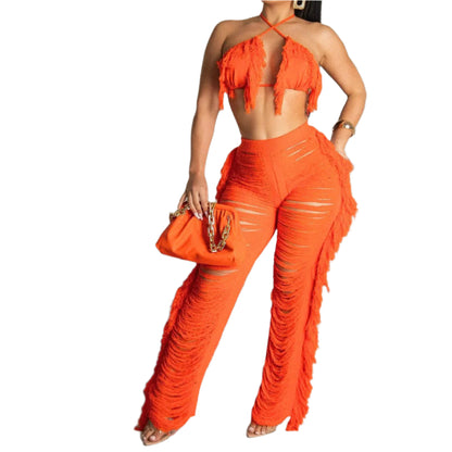 Tassel Knitted Pants Two Piece Set Resort Outfit Vacation Outfit Beach Cover Up