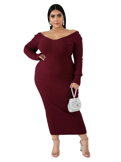 Ladies Knitted Sweater Dress Midi Dress Long Sleeves Chic and Elegant Plus Size Dresses