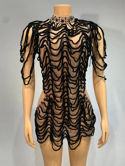 Mesh Rhinestones Chain Mini Dress Nightclub Party Performance Outfit