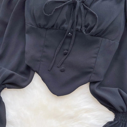 Flare Sleeve Women Top Ruffle Solid Elastic Waist Halter Backless Chiffon Blouse