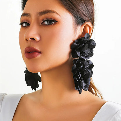 4 Colors Exaggerated Big Fluffy Fabric Flower Petal Drop Earrings for Women