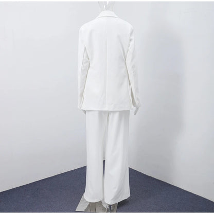 Elegant Blazer Pants Sets Women V-neck Lace up Jacket Full Sleeve Wide Leg Trousers Suit