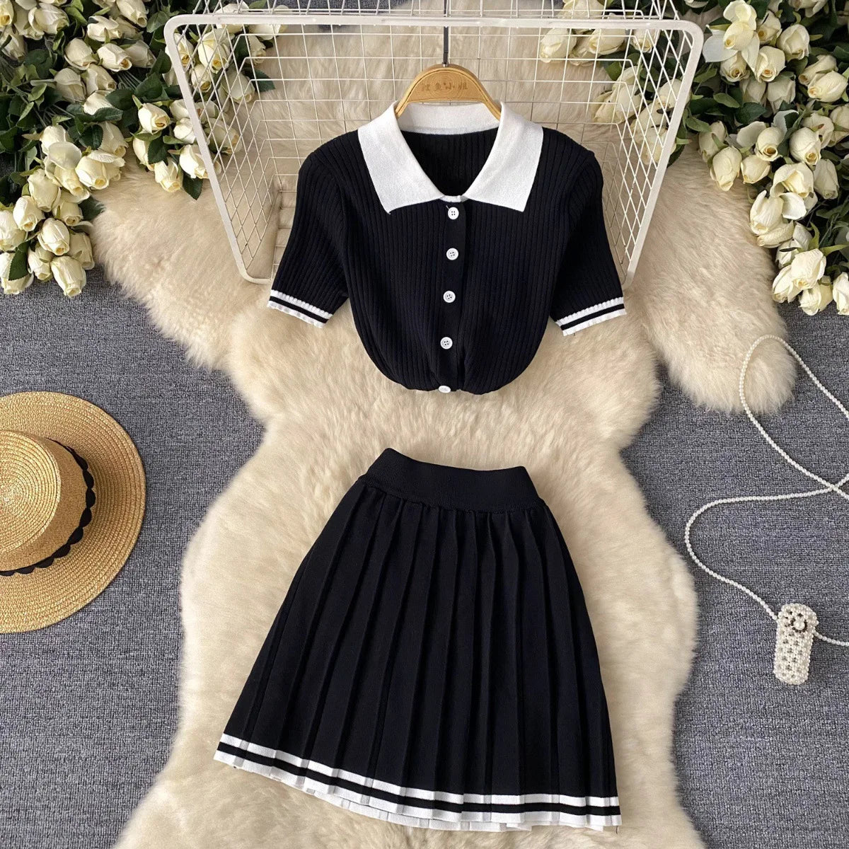 Mini Skirt Set Women Two Piece Sets Polo Collar Knit Shirt Tops Skirt Sets Casual Y2k