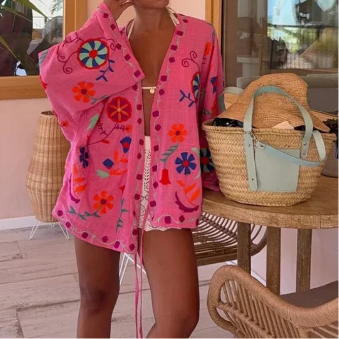Chic Embroidered Print Women's Jacket V-neck Long Sleeve Lace Up Coat