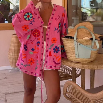 Chic Embroidered Print Women's Jacket V-neck Long Sleeve Lace Up Coat
