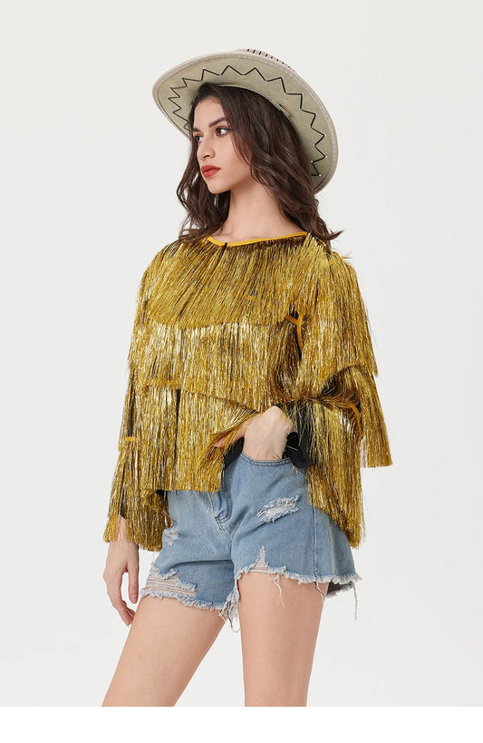 Tinsel Women Coat Temperament Club Coat Long Sleeve Trendy Fashion Sequins Tassel Jacket