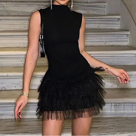Black Mini Dress Sleeveless Mesh Patchwork Mini Evening Prom Dress Bodycon