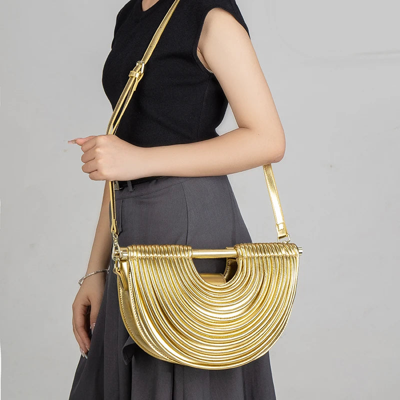 Gold Luxury Designer Brand Handwoven Noodle Bags Half Round Silver Evening Clutch
