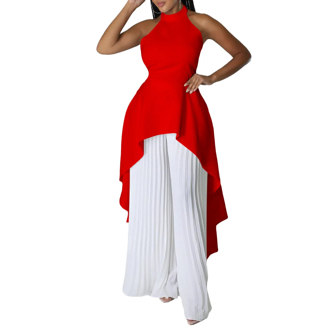 Elegant Two Piece Set Women Outfit Backless Top Hundred Pleated Wide Leg Pants Trousers Suit Summer Office Lady Suit