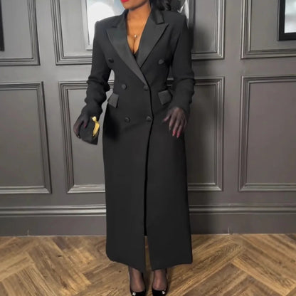 Women Blazer Dress Double Breasted Notched Long Sleeve Maxi Blazer Dress