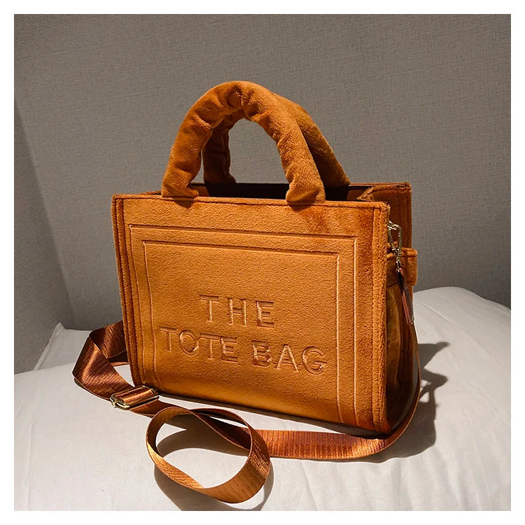 Women's Khaki Velour Tote Bag Original Letter Print Shopper Handbag