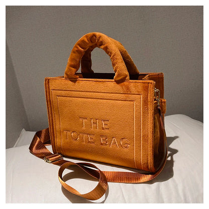 Women's Khaki Velour Tote Bag Original Letter Print Shopper Handbag