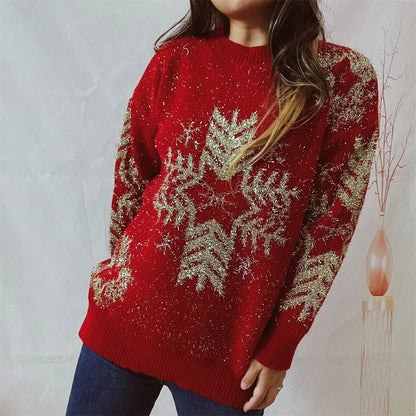 Loose-fit Line Big Snowflake Christmas Sweater Women's Pullover Thickened Crew Neck Sweater