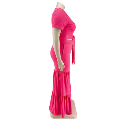 Plus Size Pants Sets Two Piece Outfits Summer Holiday Solid Bandage Top Wide Leg New Matching Suit