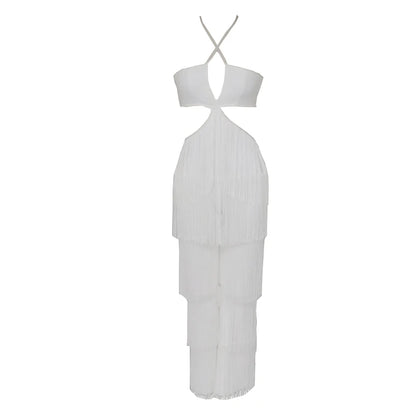 New Women Sexy Tassel Halter Bandage Jumpsuits Elegant Backless  Sleeveless Slim Long jumpsuit