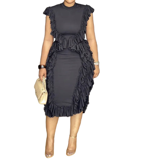 Elegant Black Dress Sleeveless Bodycon Round Neck Casual Vintage Midi Dress