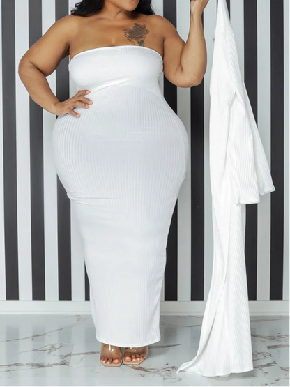 Plus Size Dress Sets 2 Piece Outfits Maxi Dress and Cover Coat Matching Suit