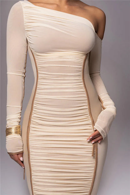 Diagonal Collar Long Sleeve Midi Bodycon Dress For Women Two Layer Mesh