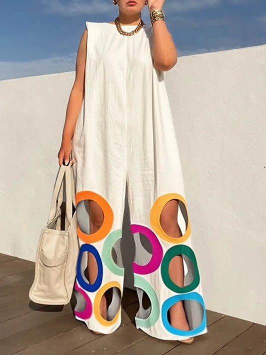 Women Fashion Rainbow Hollow Wide Leg Jumpsuits Urban Office Overalls