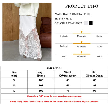 Loose Black Satin Lace Hem Skirt Casual High Waist Ankle Length Skirt