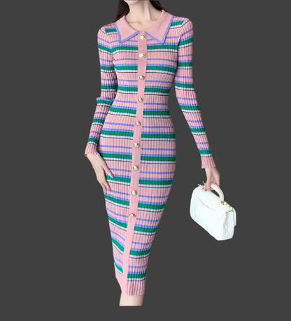 Stripes Knitted Dress Women Slim Elastic Bodycon Party Sweater Dresses
