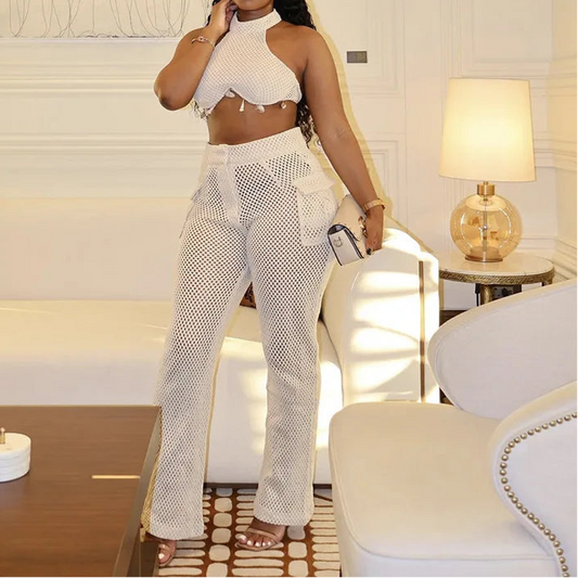 Women's Two Piece Solid Color Neck Hanging Skirt Top with Hollow Pocket Pants Set